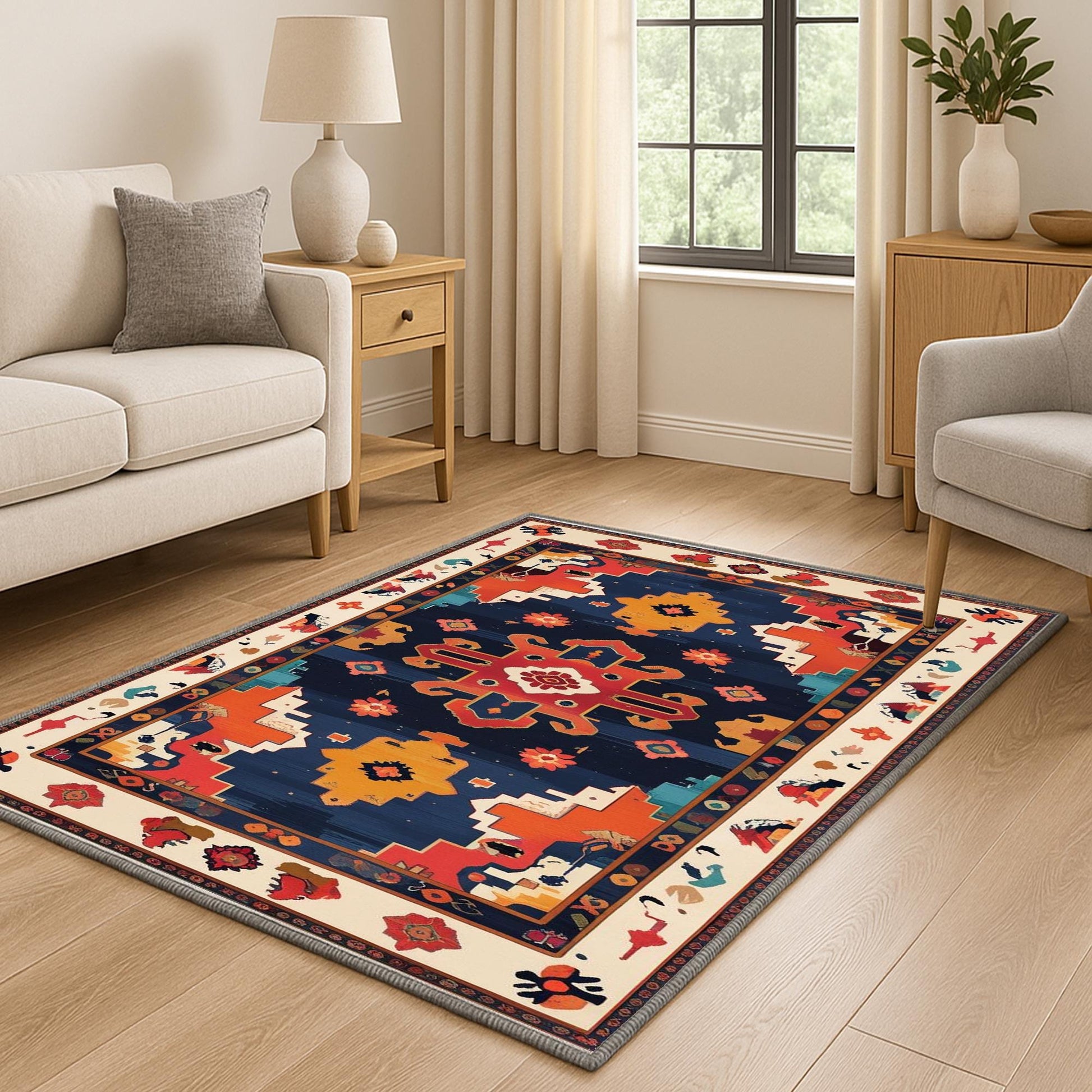 Oriental navy and red tribal chenille rug with burnt orange and beige accents, washable with non-slip recycled cotton backing.