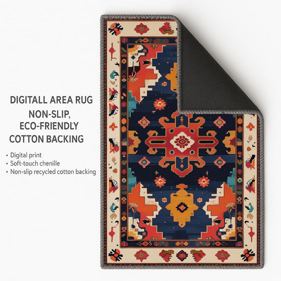 Oriental navy and red tribal chenille rug with burnt orange and beige accents, washable with non-slip recycled cotton backing.