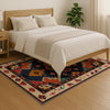 Oriental navy and red tribal chenille rug with burnt orange and beige accents, washable with non-slip recycled cotton backing.