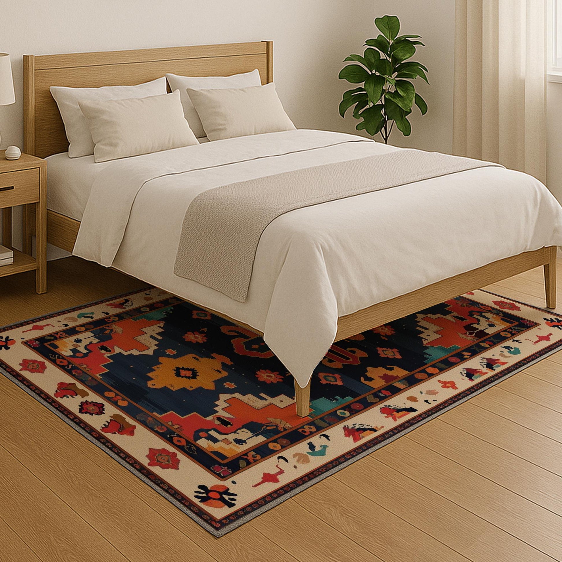 Oriental navy and red tribal chenille rug with burnt orange and beige accents, washable with non-slip recycled cotton backing.