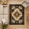 Southwestern geometric tribal chenille rug in earthy brown, beige, black, and tan tones, washable with non-slip recycled cotton backing.