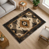 Southwestern geometric tribal chenille rug in earthy brown, beige, black, and tan tones, washable with non-slip recycled cotton backing.