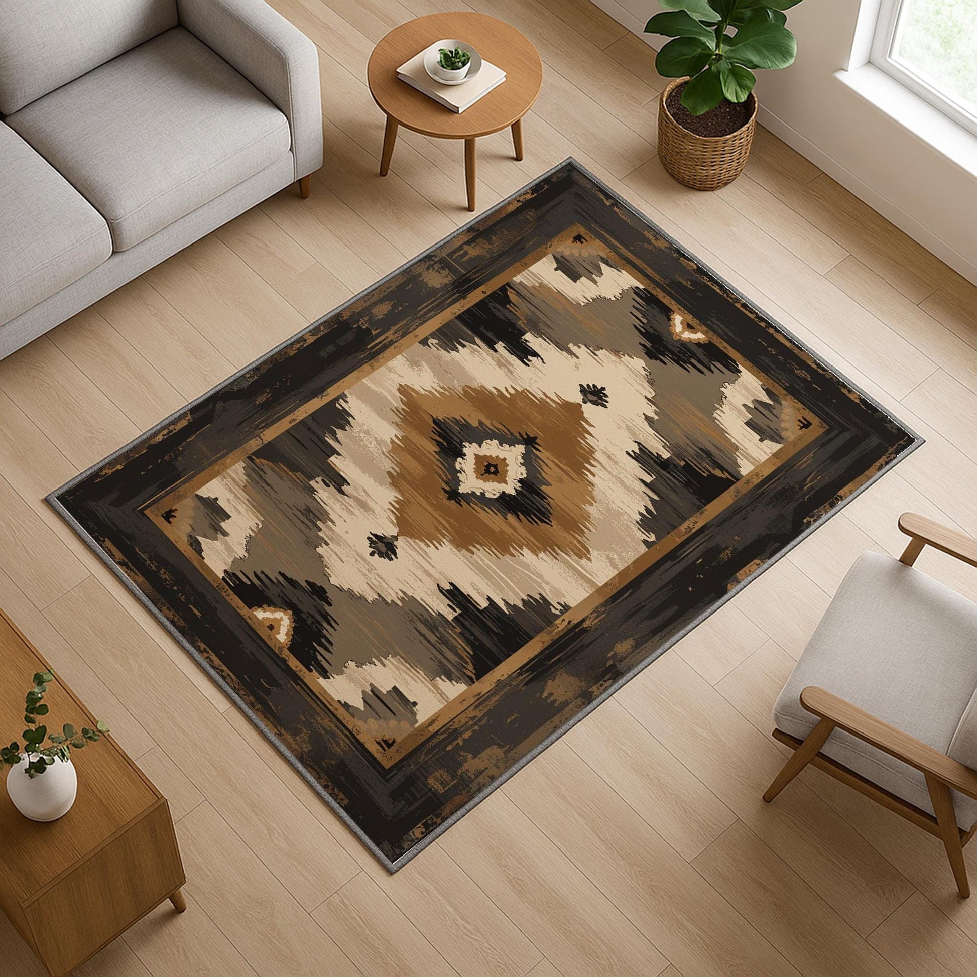 Southwestern geometric tribal chenille rug in earthy brown, beige, black, and tan tones, washable with non-slip recycled cotton backing.
