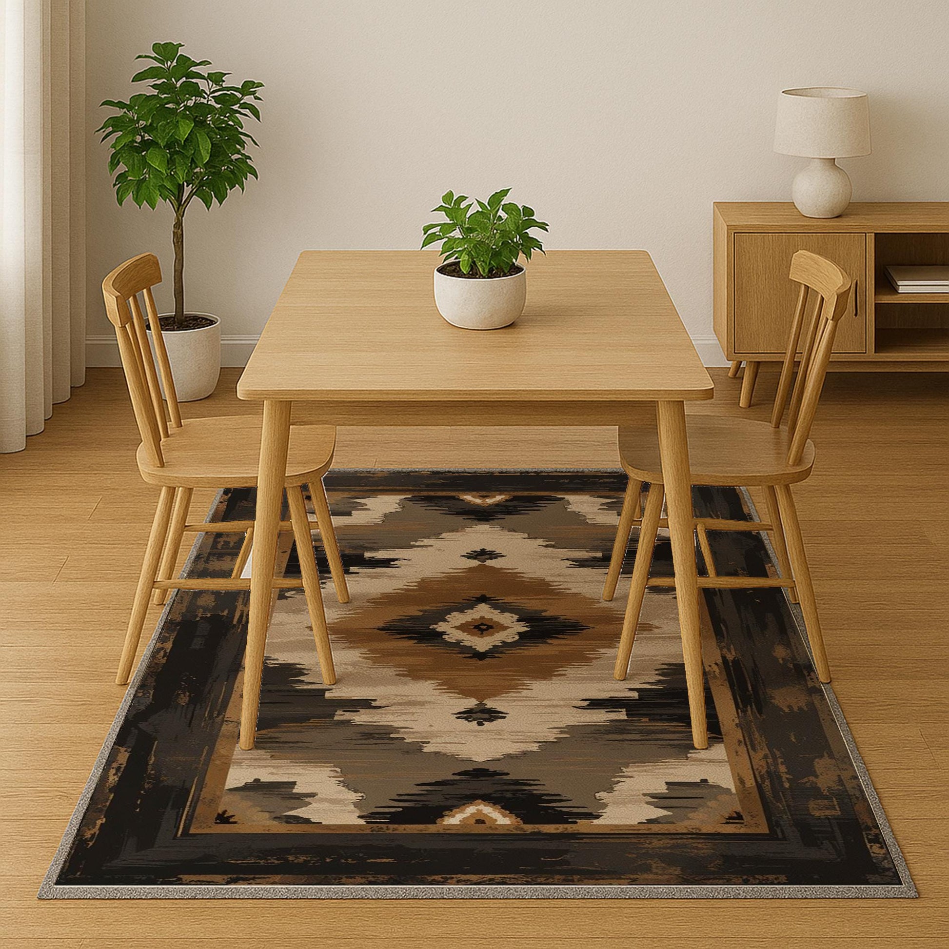Southwestern geometric tribal chenille rug in earthy brown, beige, black, and tan tones, washable with non-slip recycled cotton backing.