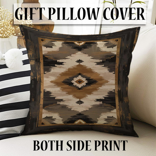Southwestern geometric tribal chenille rug in earthy brown, beige, black, and tan tones, washable with non-slip recycled cotton backing.