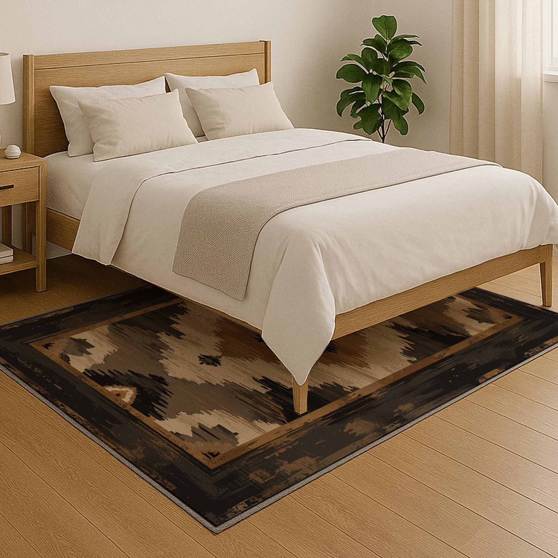 Southwestern geometric tribal chenille rug in earthy brown, beige, black, and tan tones, washable with non-slip recycled cotton backing.