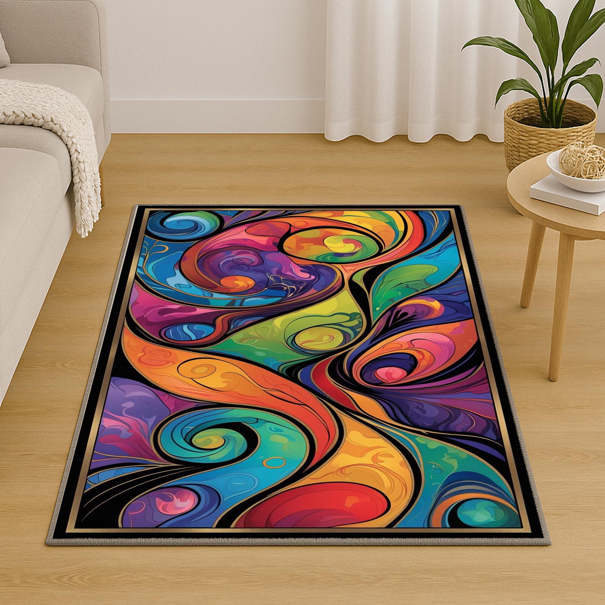 Modern abstract colorful rug with swirling shapes in vibrant hues, washable chenille surface, non-slip recycled cotton backing, perfect for living room or bedroom.
