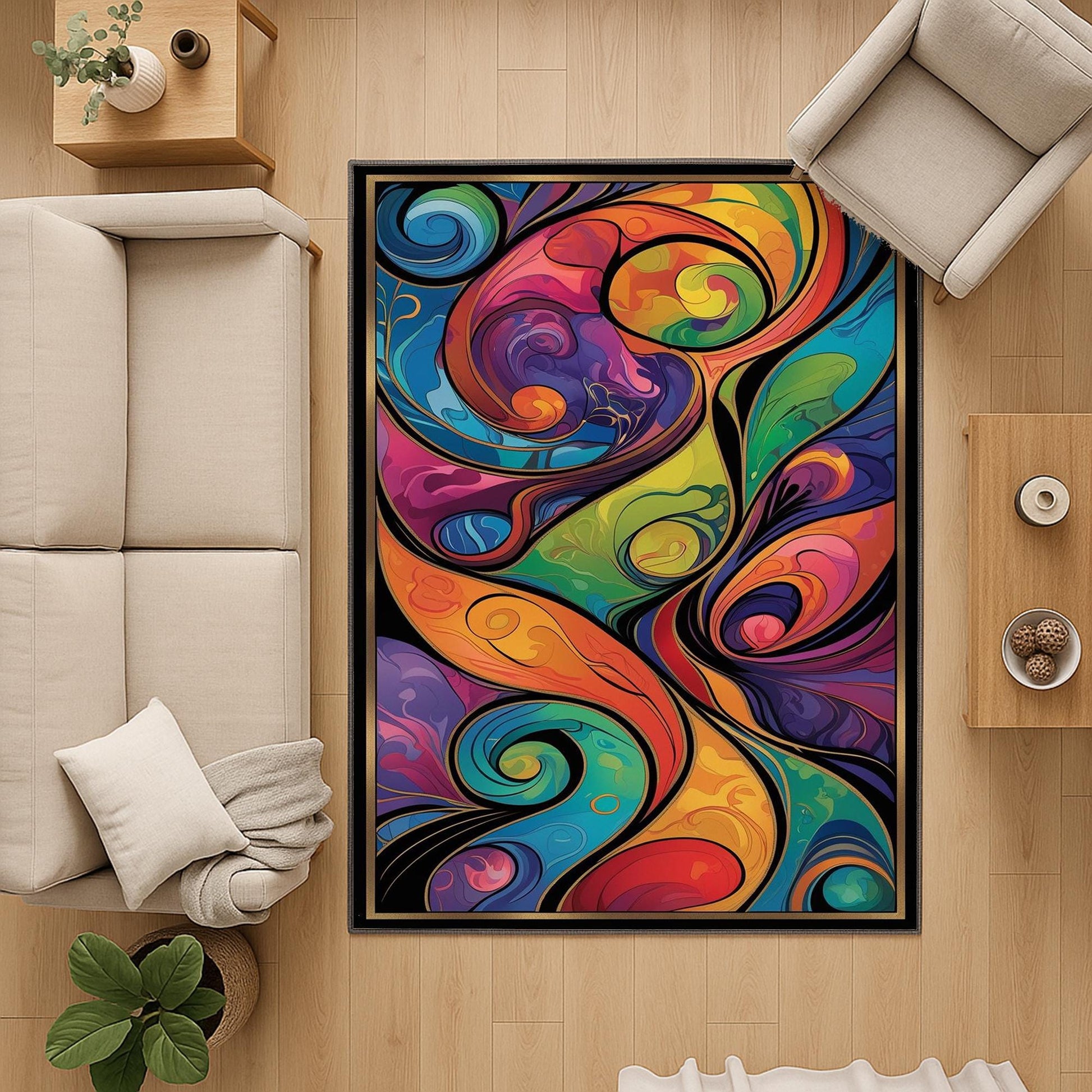 Modern abstract colorful rug with swirling shapes in vibrant hues, washable chenille surface, non-slip recycled cotton backing, perfect for living room or bedroom.