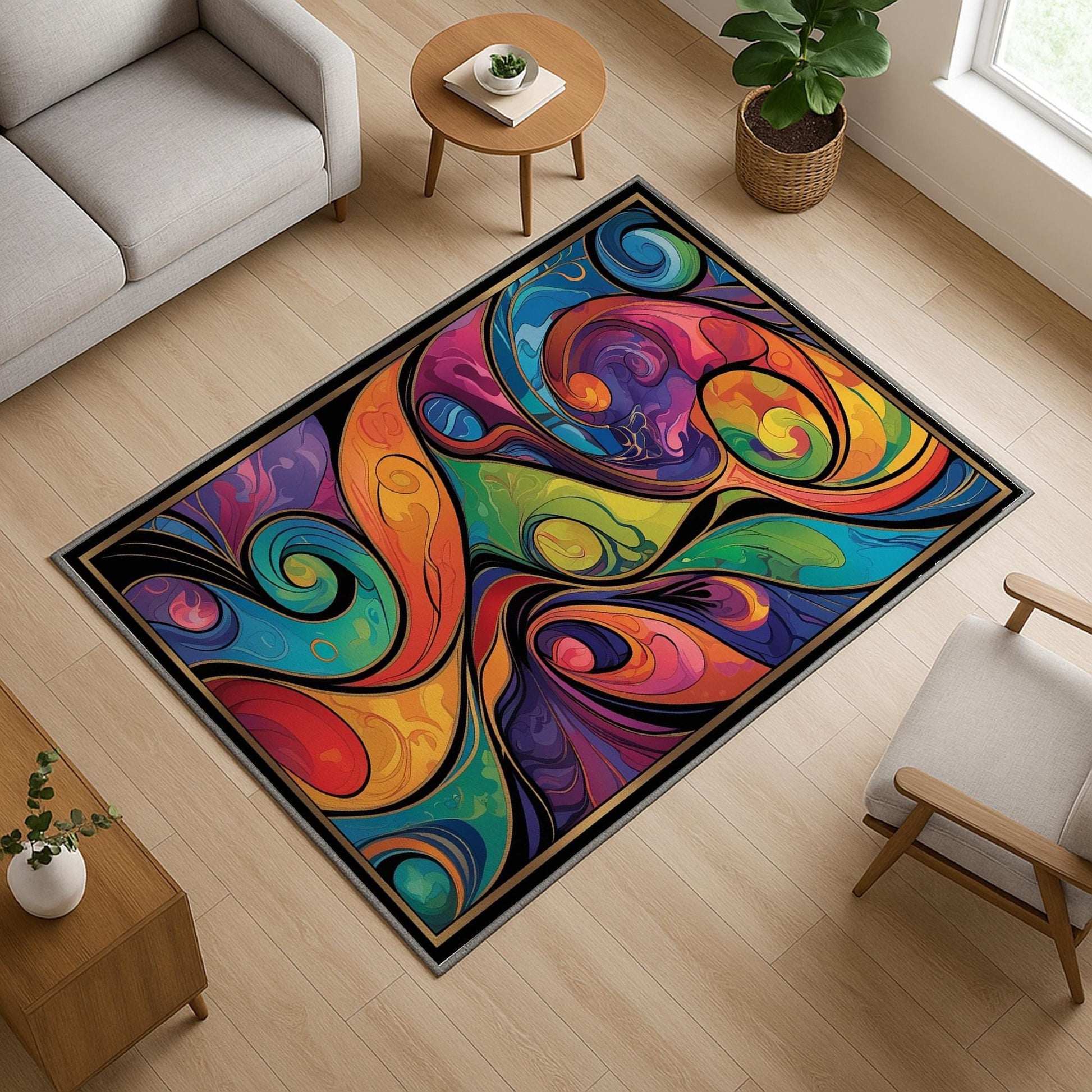 Modern abstract colorful rug with swirling shapes in vibrant hues, washable chenille surface, non-slip recycled cotton backing, perfect for living room or bedroom.