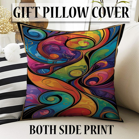 Modern abstract colorful rug with swirling shapes in vibrant hues, washable chenille surface, non-slip recycled cotton backing, perfect for living room or bedroom.