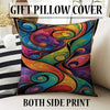 Modern abstract colorful rug with swirling shapes in vibrant hues, washable chenille surface, non-slip recycled cotton backing, perfect for living room or bedroom.