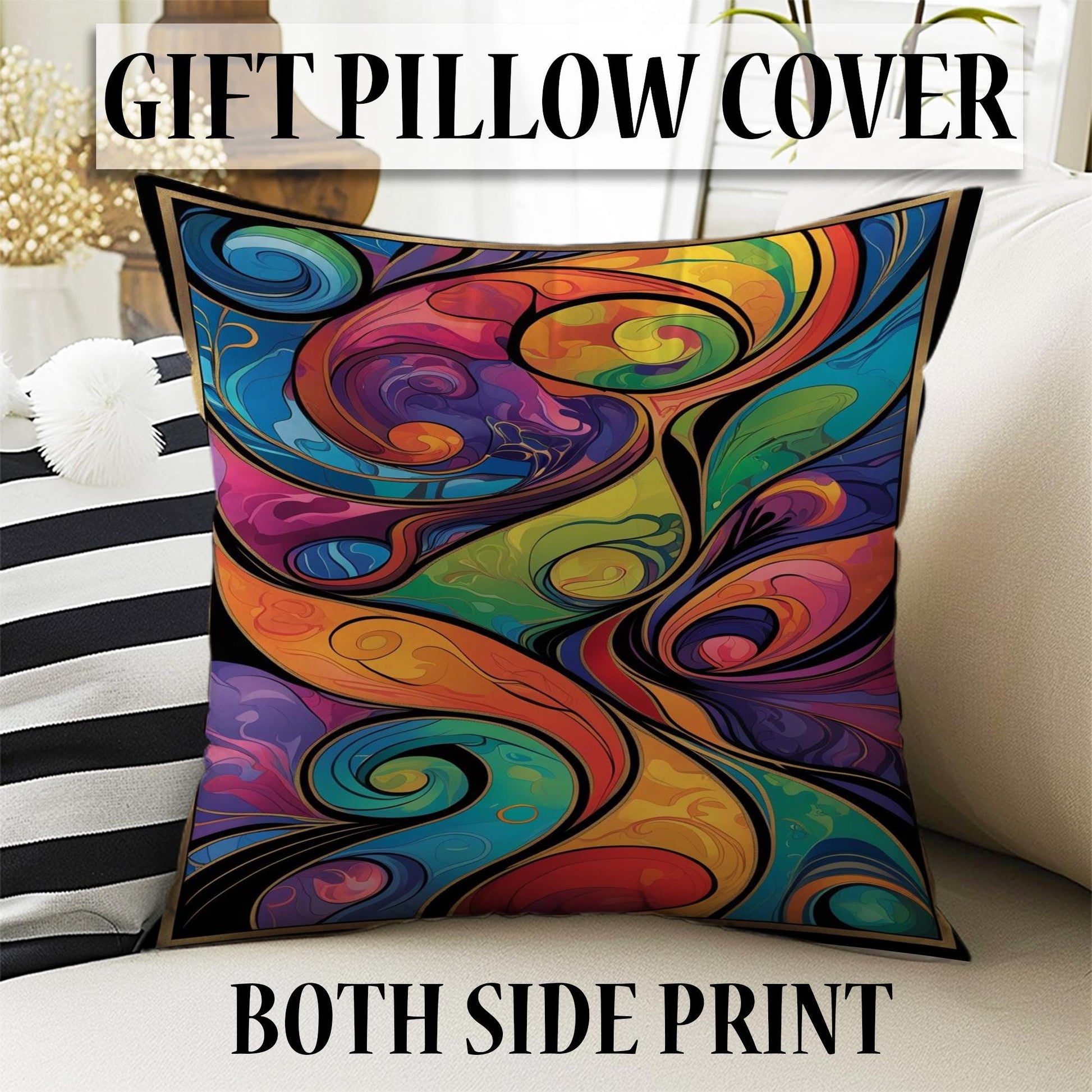 Modern abstract colorful rug with swirling shapes in vibrant hues, washable chenille surface, non-slip recycled cotton backing, perfect for living room or bedroom.