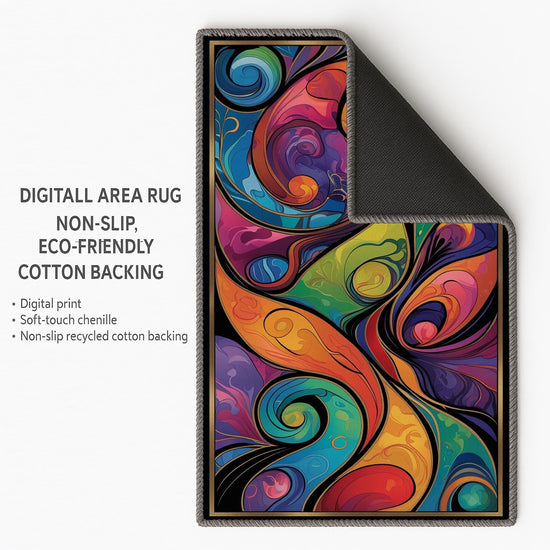 Modern abstract colorful rug with swirling shapes in vibrant hues, washable chenille surface, non-slip recycled cotton backing, perfect for living room or bedroom.