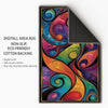 Modern abstract colorful rug with swirling shapes in vibrant hues, washable chenille surface, non-slip recycled cotton backing, perfect for living room or bedroom.