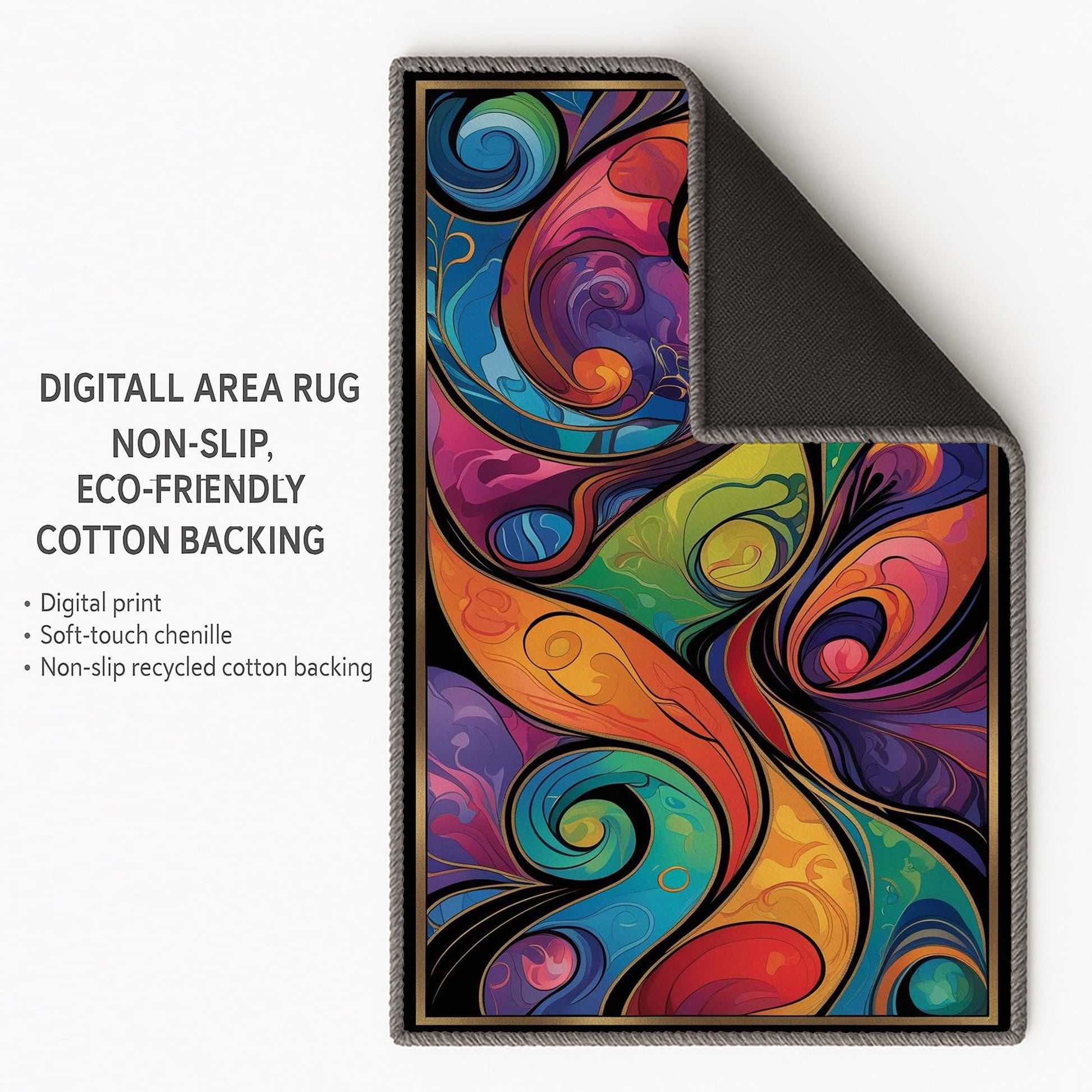Modern abstract colorful rug with swirling shapes in vibrant hues, washable chenille surface, non-slip recycled cotton backing, perfect for living room or bedroom.