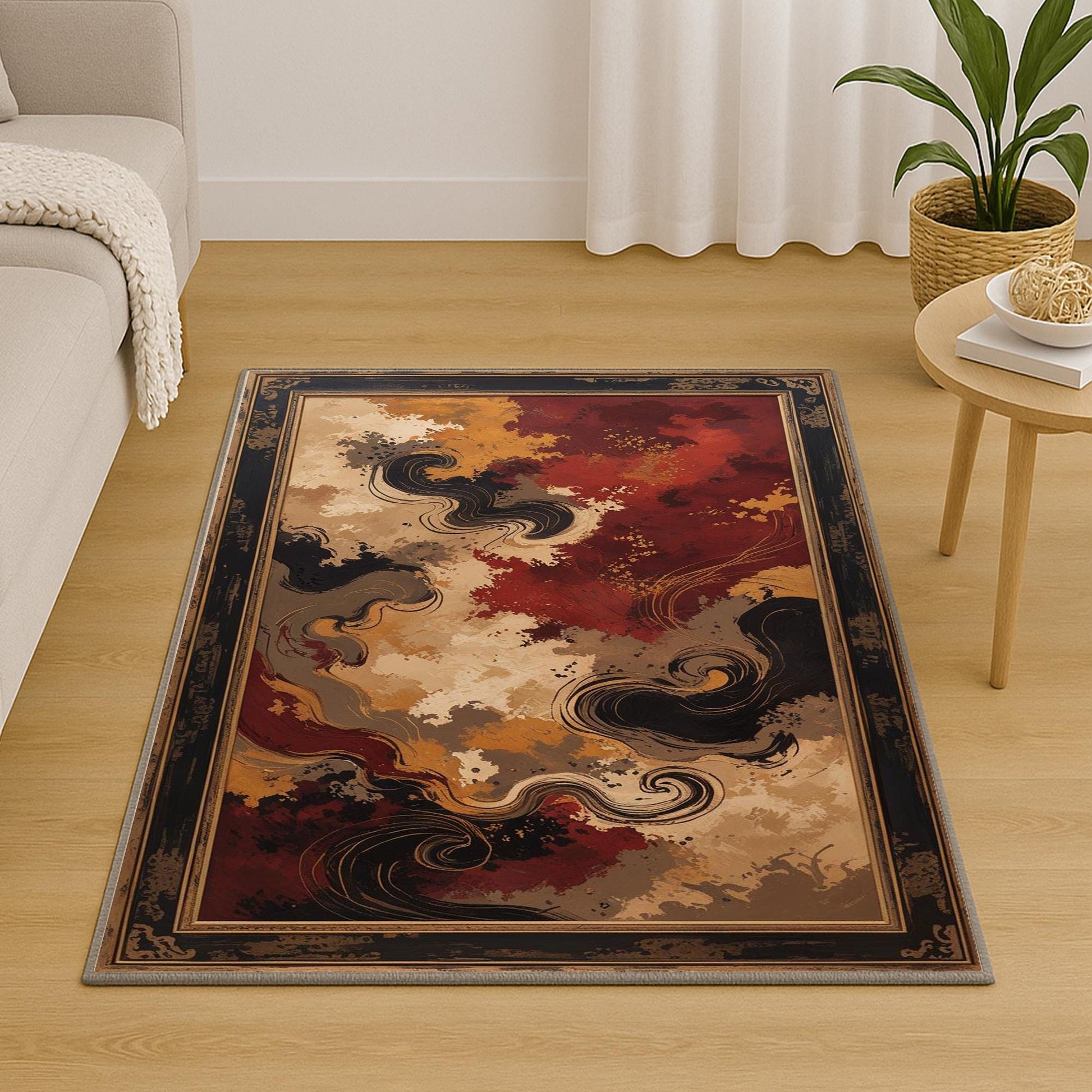Abstract area rug with antiqued oriental border, swirling red gold and beige pattern, washable chenille fabric with non-slip backing.