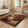 Abstract area rug with antiqued oriental border, swirling red gold and beige pattern, washable chenille fabric with non-slip backing.