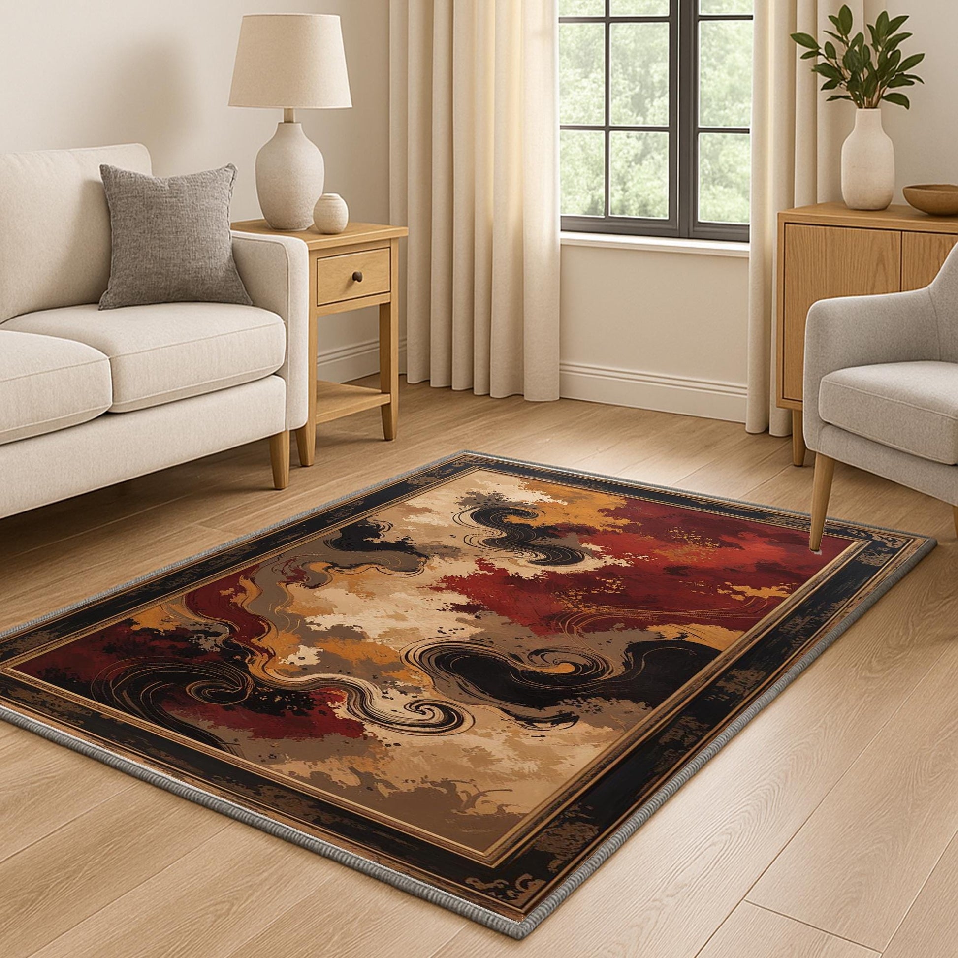 Abstract area rug with antiqued oriental border, swirling red gold and beige pattern, washable chenille fabric with non-slip backing.