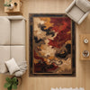 Abstract area rug with antiqued oriental border, swirling red gold and beige pattern, washable chenille fabric with non-slip backing.