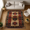 Vintage Turkish kilim-style chenille rug with red and blue medallion motifs, oriental floral border, washable non-slip backing for boho and rustic decor.