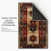 Vintage Turkish kilim-style chenille rug with red and blue medallion motifs, oriental floral border, washable non-slip backing for boho and rustic decor.