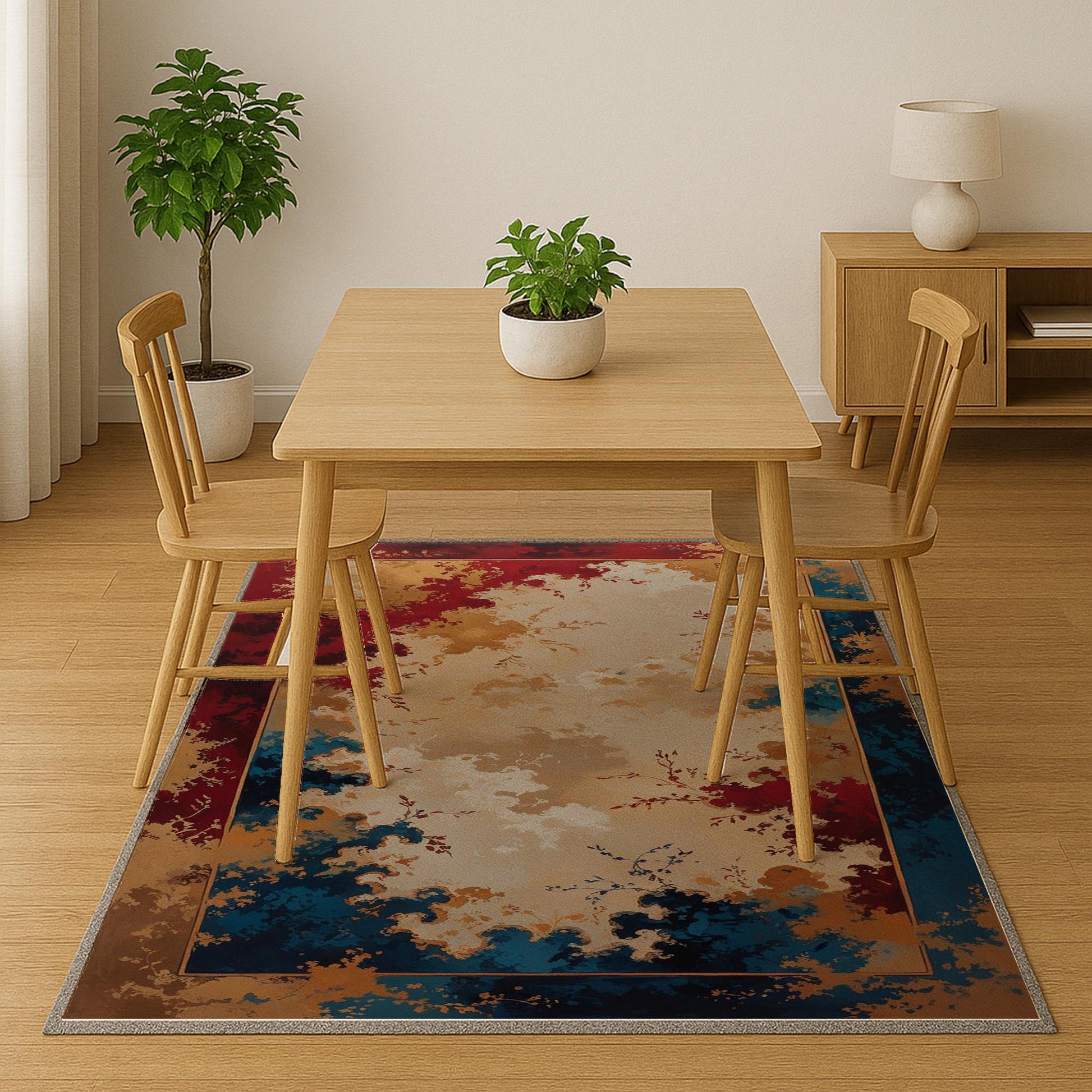 Floral abstract chenille rug with red, gold, and blue oriental border, soft beige center, washable non-slip backing, perfect for vintage and elegant decor.