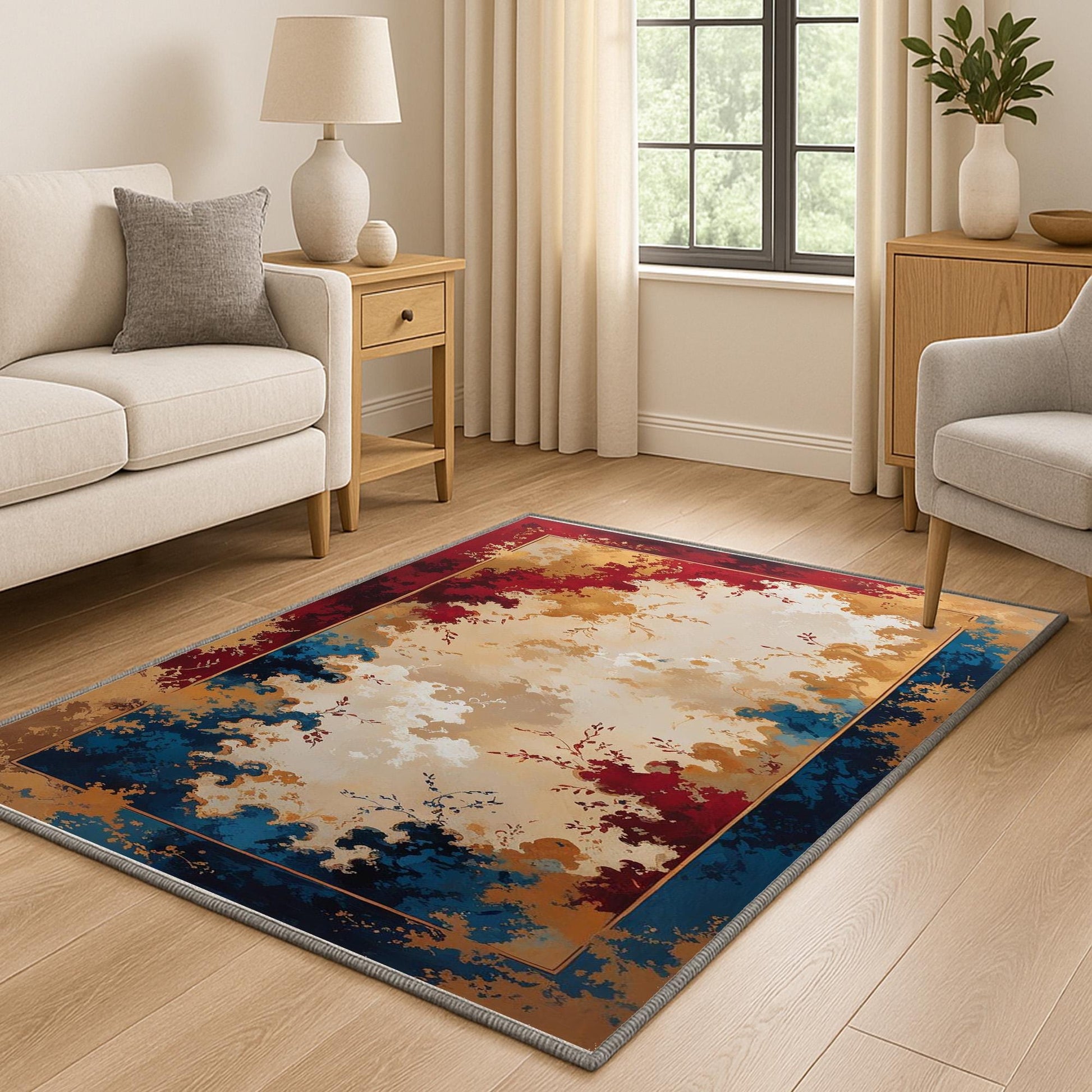 Floral abstract chenille rug with red, gold, and blue oriental border, soft beige center, washable non-slip backing, perfect for vintage and elegant decor.