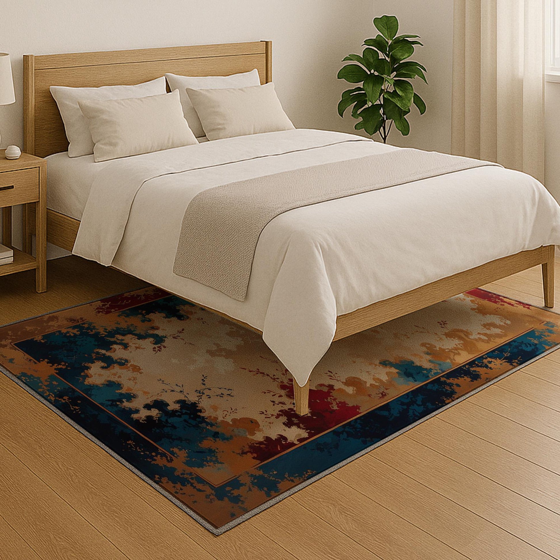 Floral abstract chenille rug with red, gold, and blue oriental border, soft beige center, washable non-slip backing, perfect for vintage and elegant decor.