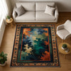 Abstract chenille rug with green, blue, and orange tones, vintage oriental border, washable non-slip backing, perfect for modern and artistic home decor.