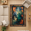Abstract chenille rug with green, blue, and orange tones, vintage oriental border, washable non-slip backing, perfect for modern and artistic home decor.