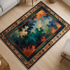 Abstract chenille rug with green, blue, and orange tones, vintage oriental border, washable non-slip backing, perfect for modern and artistic home decor.