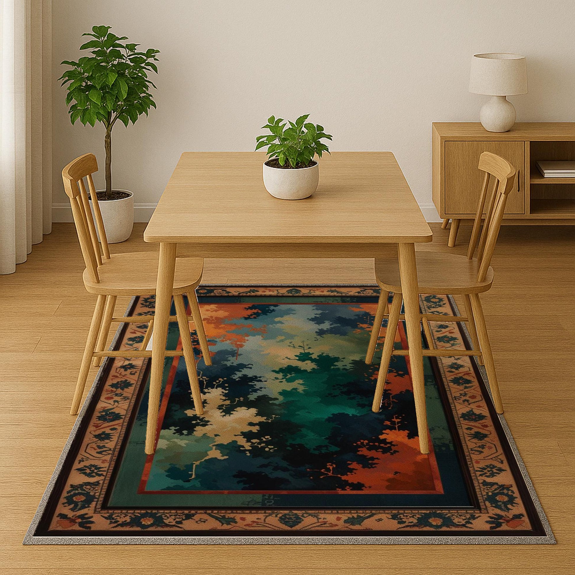 Abstract chenille rug with green, blue, and orange tones, vintage oriental border, washable non-slip backing, perfect for modern and artistic home decor.