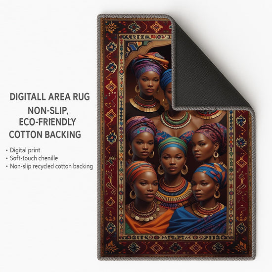 Artistic African-inspired portrait illustration with vibrant headwraps and jewelry, framed by an oriental-style rug border, washable non-slip chenille surface.