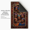 Artistic African-inspired portrait illustration with vibrant headwraps and jewelry, framed by an oriental-style rug border, washable non-slip chenille surface.