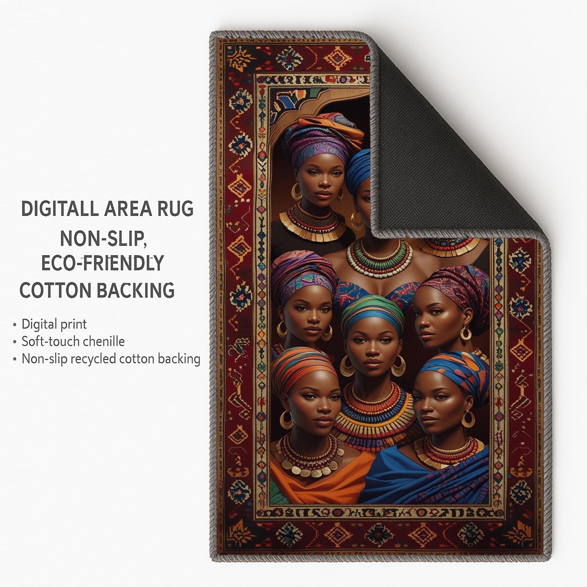 Artistic African-inspired portrait illustration with vibrant headwraps and jewelry, framed by an oriental-style rug border, washable non-slip chenille surface.