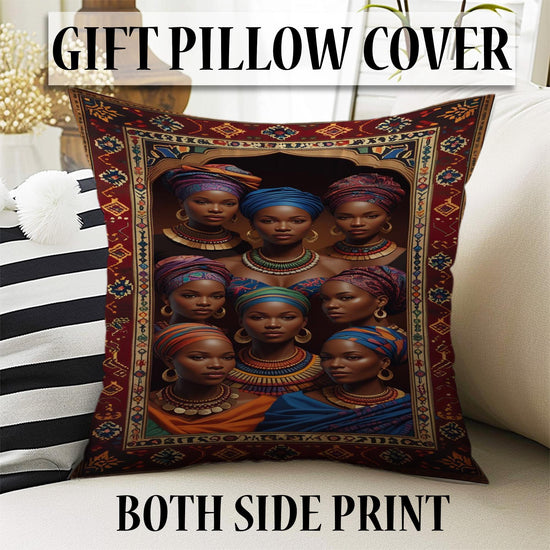 Artistic African-inspired portrait illustration with vibrant headwraps and jewelry, framed by an oriental-style rug border, washable non-slip chenille surface.