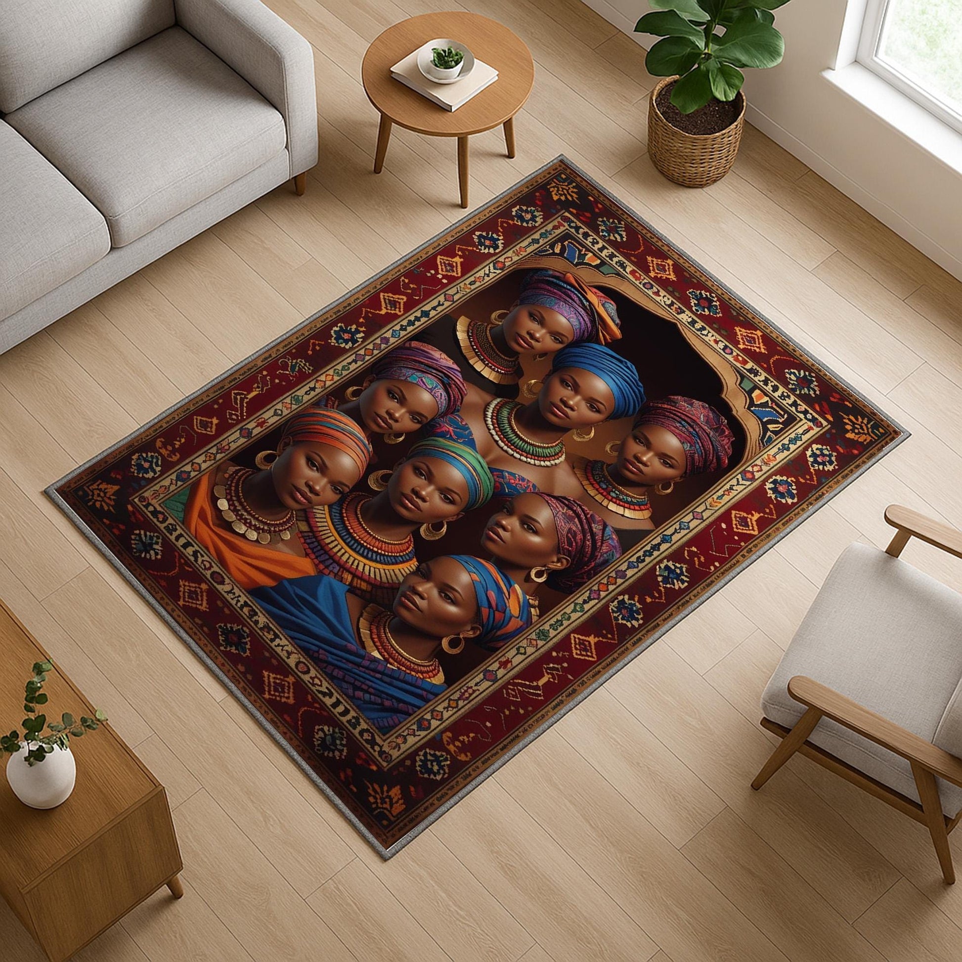 Artistic African-inspired portrait illustration with vibrant headwraps and jewelry, framed by an oriental-style rug border, washable non-slip chenille surface.
