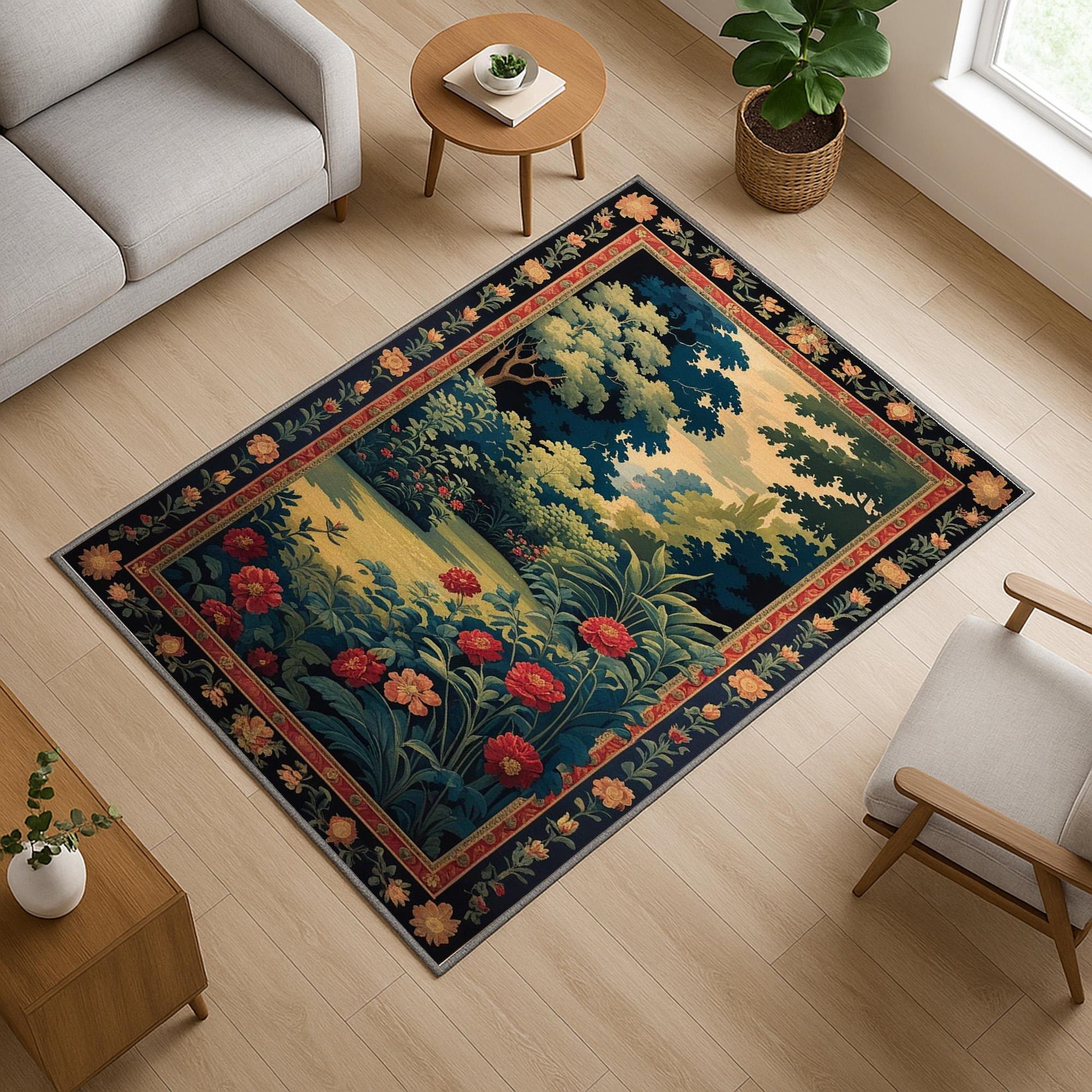 Antique tapestry-style chenille rug featuring a lush garden with red flowers and Victorian floral border, washable non-slip backing, perfect for vintage home decor.