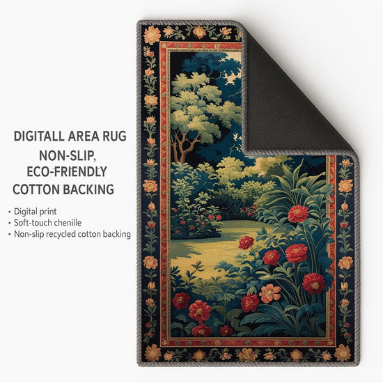 Antique tapestry-style chenille rug featuring a lush garden with red flowers and Victorian floral border, washable non-slip backing, perfect for vintage home decor.
