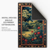 Antique tapestry-style chenille rug featuring a lush garden with red flowers and Victorian floral border, washable non-slip backing, perfect for vintage home decor.