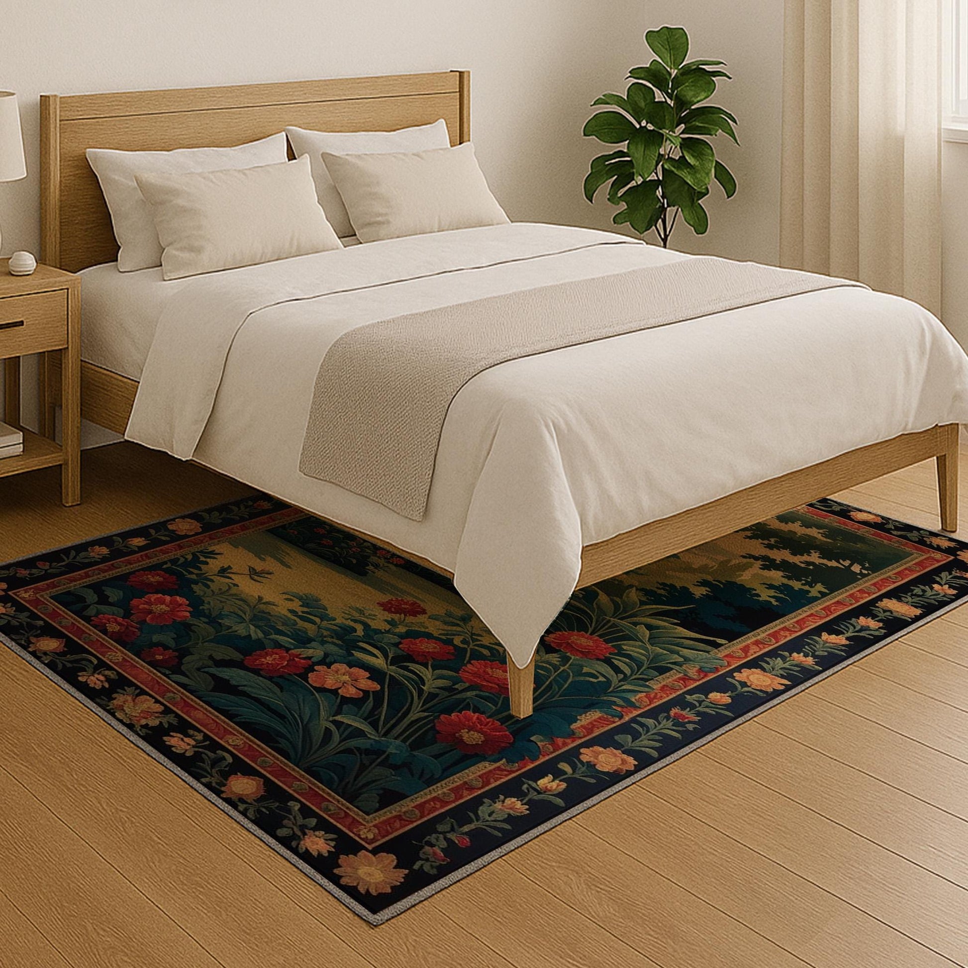 Antique tapestry-style chenille rug featuring a lush garden with red flowers and Victorian floral border, washable non-slip backing, perfect for vintage home decor.