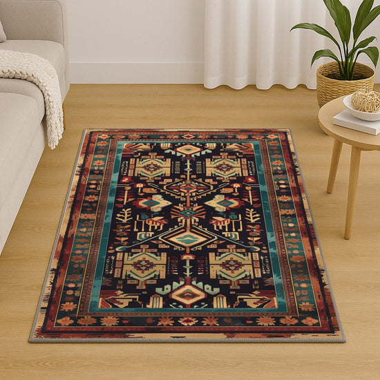 Aztec-inspired chenille rug with oriental influence, antique floral border, geometric tribal motifs, washable non-slip backing, perfect for boho and vintage decor.
