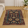 Aztec-inspired chenille rug with oriental influence, antique floral border, geometric tribal motifs, washable non-slip backing, perfect for boho and vintage decor.