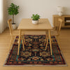 Aztec-inspired chenille rug with oriental influence, antique floral border, geometric tribal motifs, washable non-slip backing, perfect for boho and vintage decor.