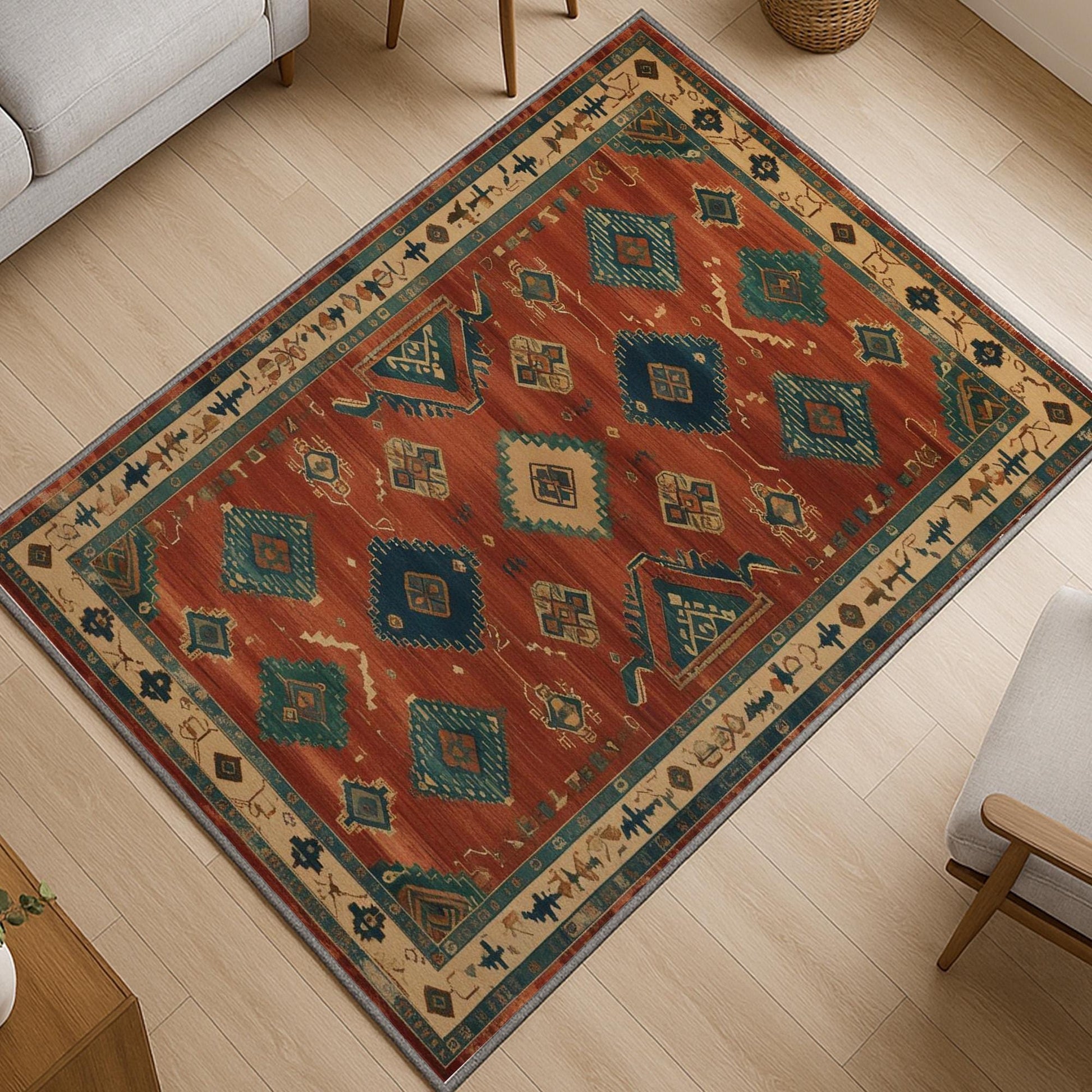 Aztec-inspired chenille rug with oriental influence, rust red background, blue and cream tribal diamond motifs, washable non-slip backing, perfect for boho and rustic decor.