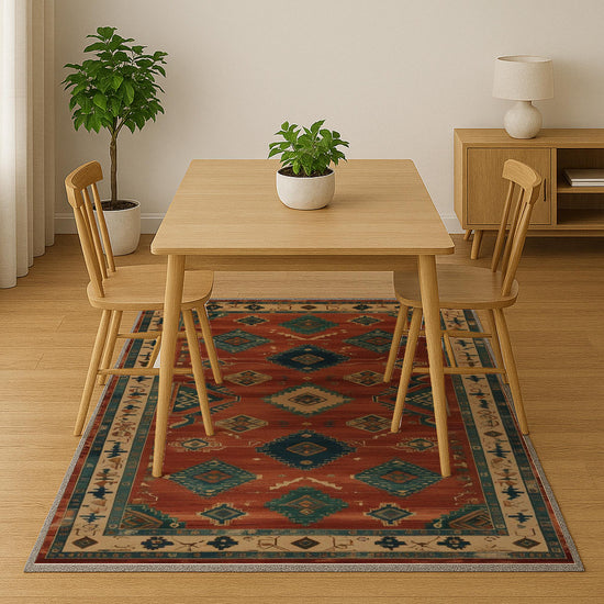 Aztec-inspired chenille rug with oriental influence, rust red background, blue and cream tribal diamond motifs, washable non-slip backing, perfect for boho and rustic decor.