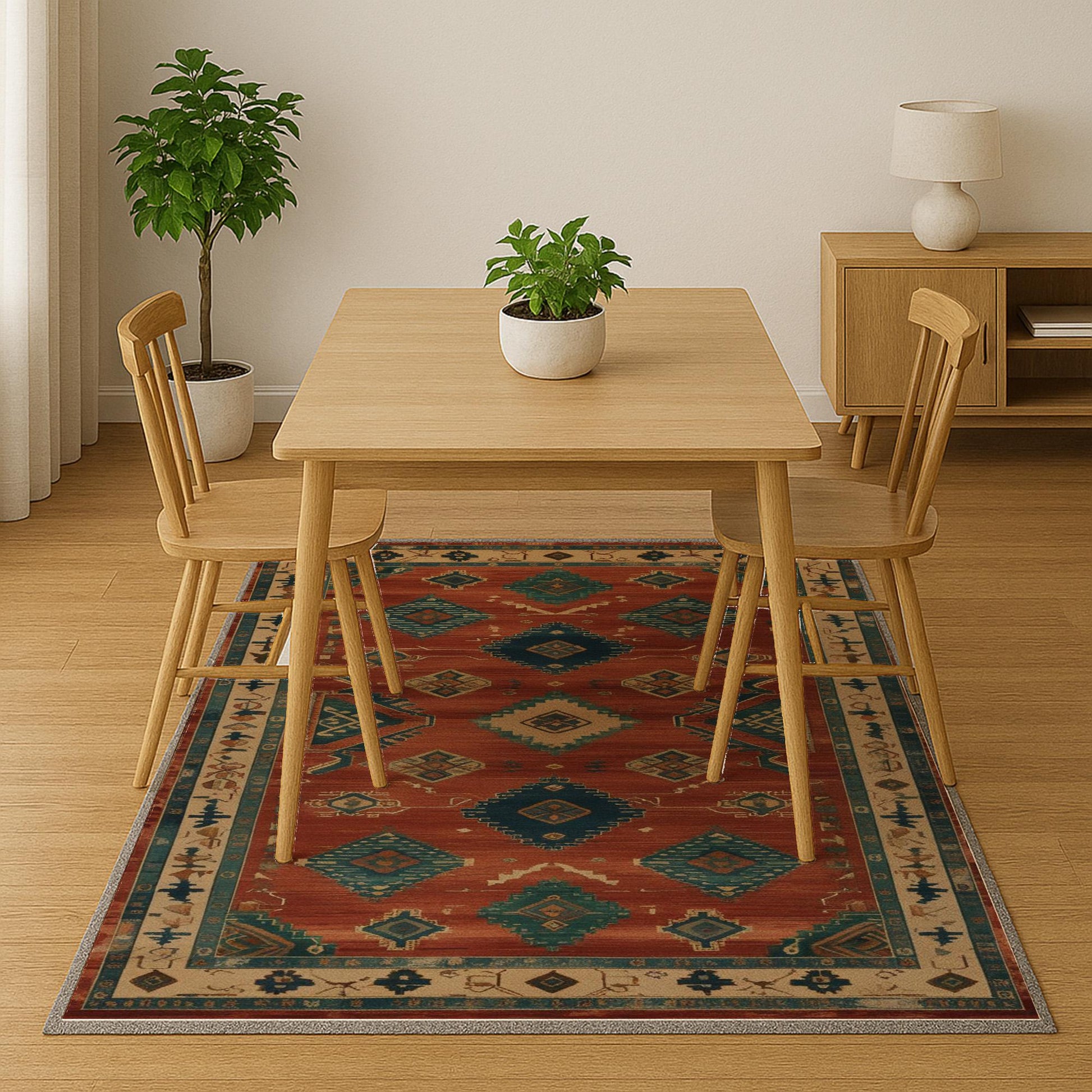 Aztec-inspired chenille rug with oriental influence, rust red background, blue and cream tribal diamond motifs, washable non-slip backing, perfect for boho and rustic decor.