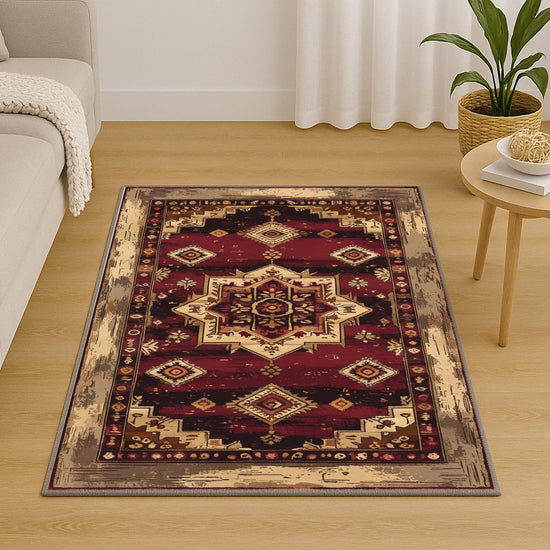 Bohemian-inspired chenille rug with central floral medallion, deep red background, beige and gold accents, washable non-slip backing, perfect for boho and vintage decor.