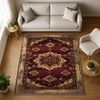 Bohemian-inspired chenille rug with central floral medallion, deep red background, beige and gold accents, washable non-slip backing, perfect for boho and vintage decor.