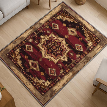 Bohemian-inspired chenille rug with central floral medallion, deep red background, beige and gold accents, washable non-slip backing, perfect for boho and vintage decor.